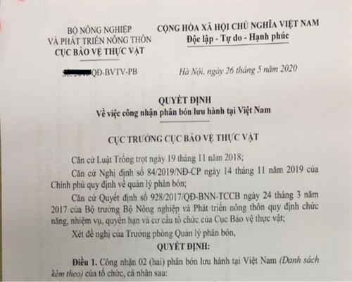 Dịch vụ gia hạn Quyết định công nhận phân bón lưu hành tại Việt Nam
